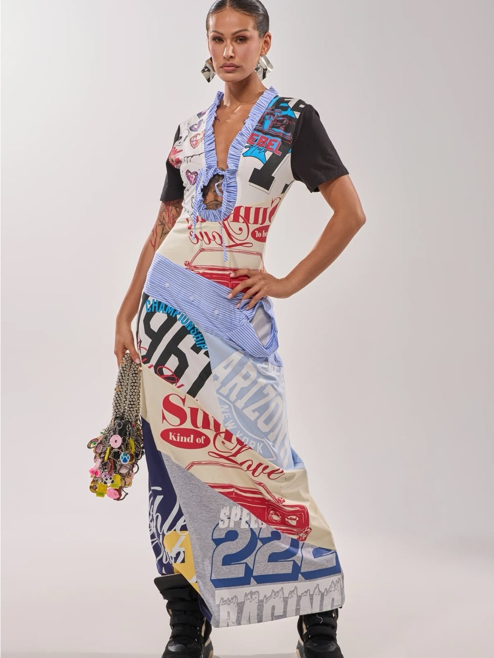 AKIRA Multi-Graphic Patchwork Maxi Skirt in White, Black, Blue, Red